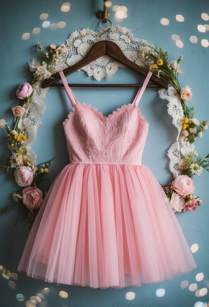 A pink tulle mini dress hangs on a rustic wooden hanger, surrounded by delicate lace and floral accents