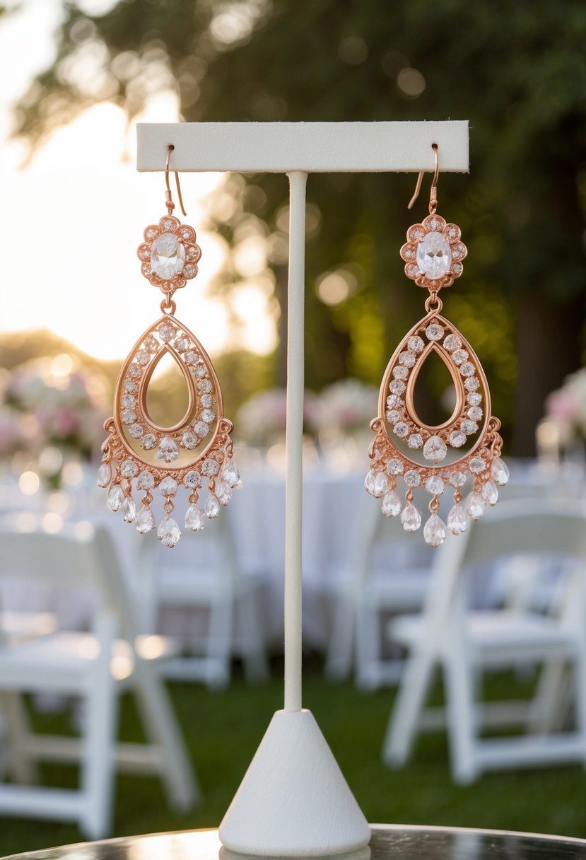 A vintage 70s wedding scene with rose gold chandelier earrings hanging from a jewelry stand