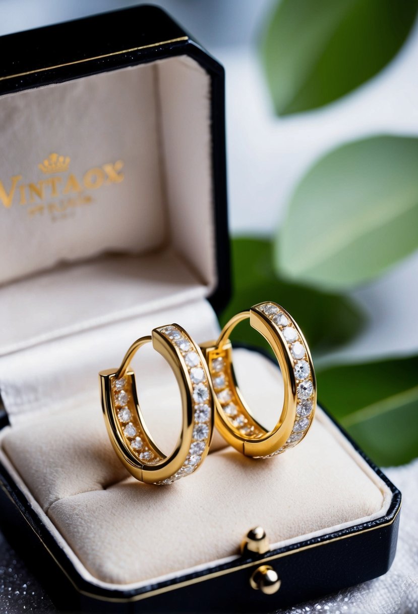 A vintage-inspired jewelry box with yellow gold hoops adorned with sparkling diamonds