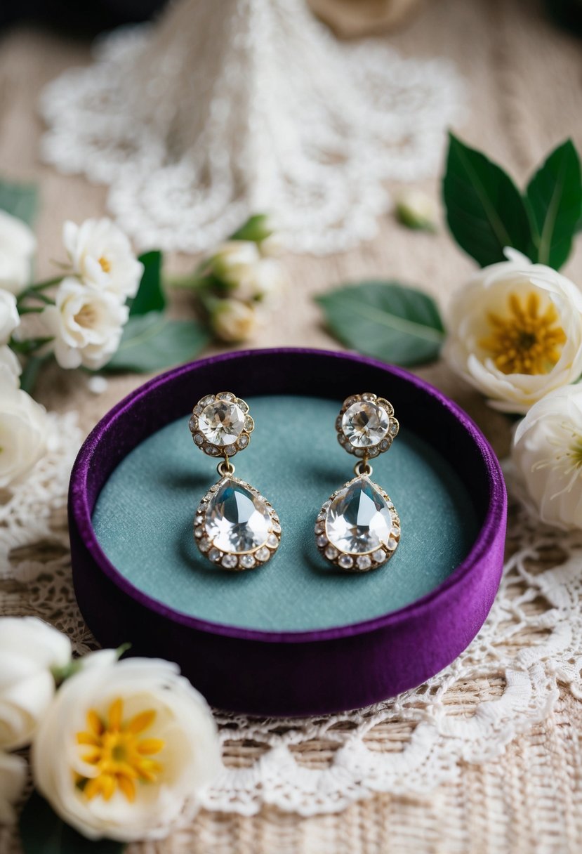 A vintage-inspired display of crystal drop earrings on a velvet-lined jewelry tray, surrounded by delicate lace and floral accents