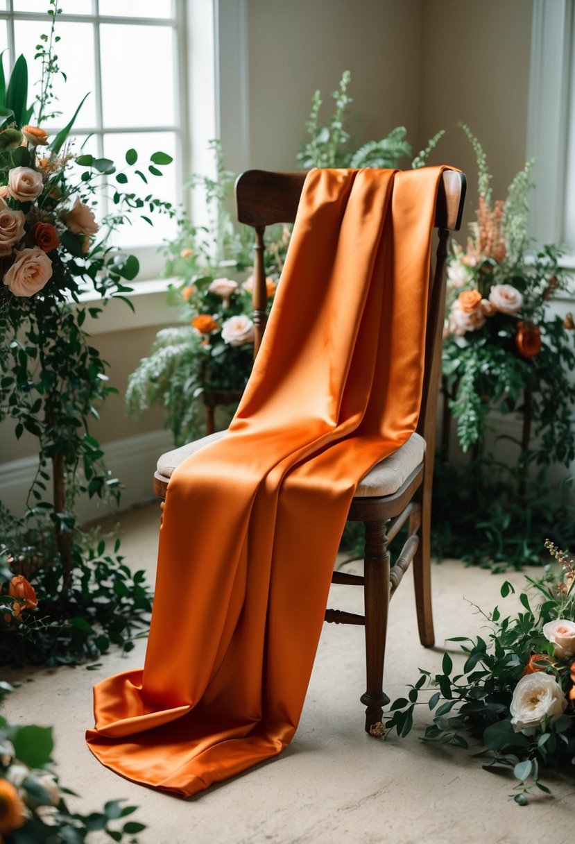 A burnt orange satin gown draped over a vintage wooden chair in a sunlit room, surrounded by lush greenery and delicate floral arrangements