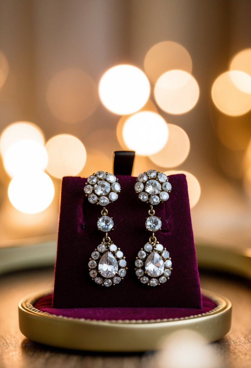 A pair of vintage rhinestone earrings displayed on a velvet cushion, surrounded by soft, warm lighting, evoking a sense of elegance and nostalgia