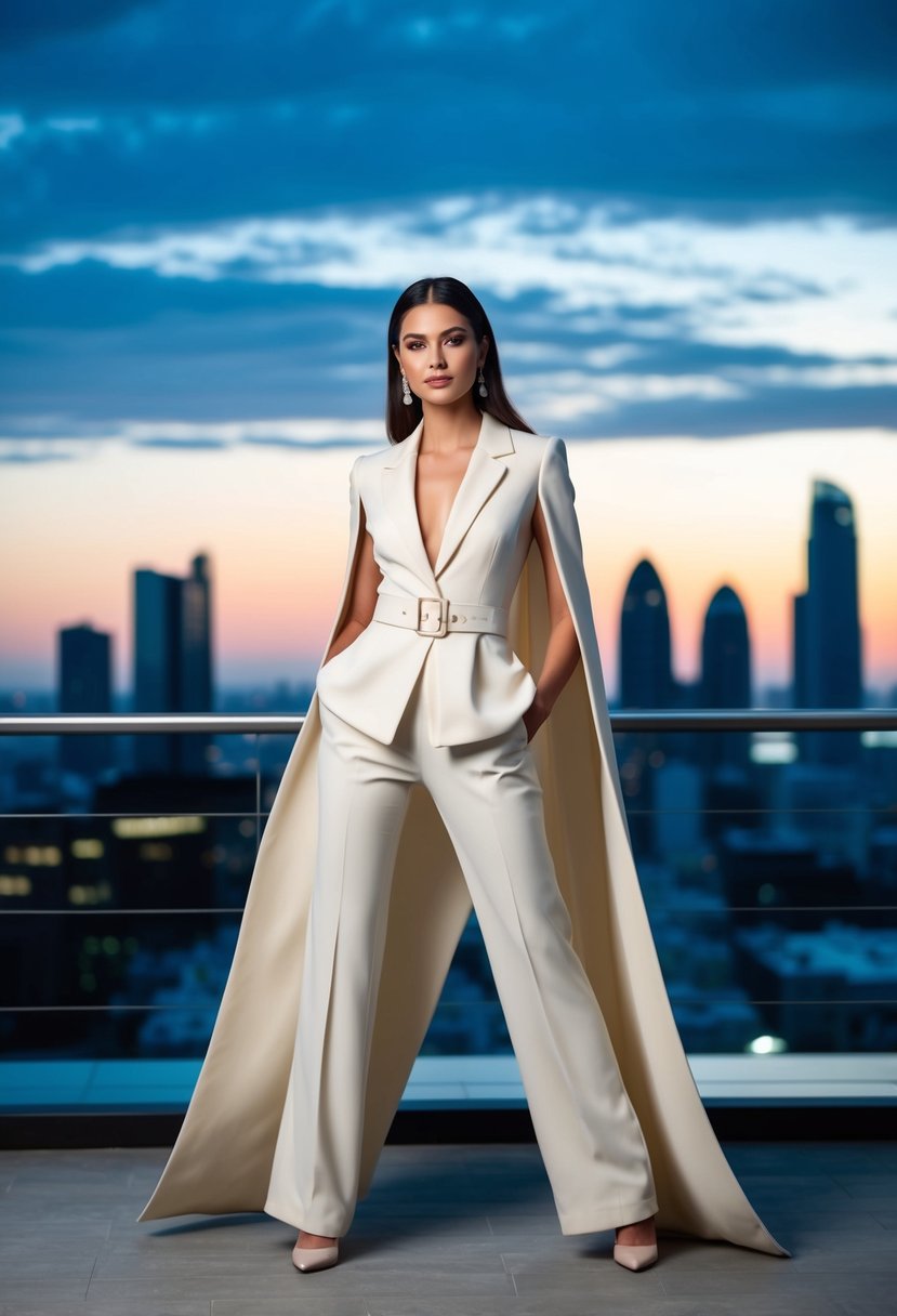 An off-white pantsuit with a flowing cape, set against a modern city skyline at dusk