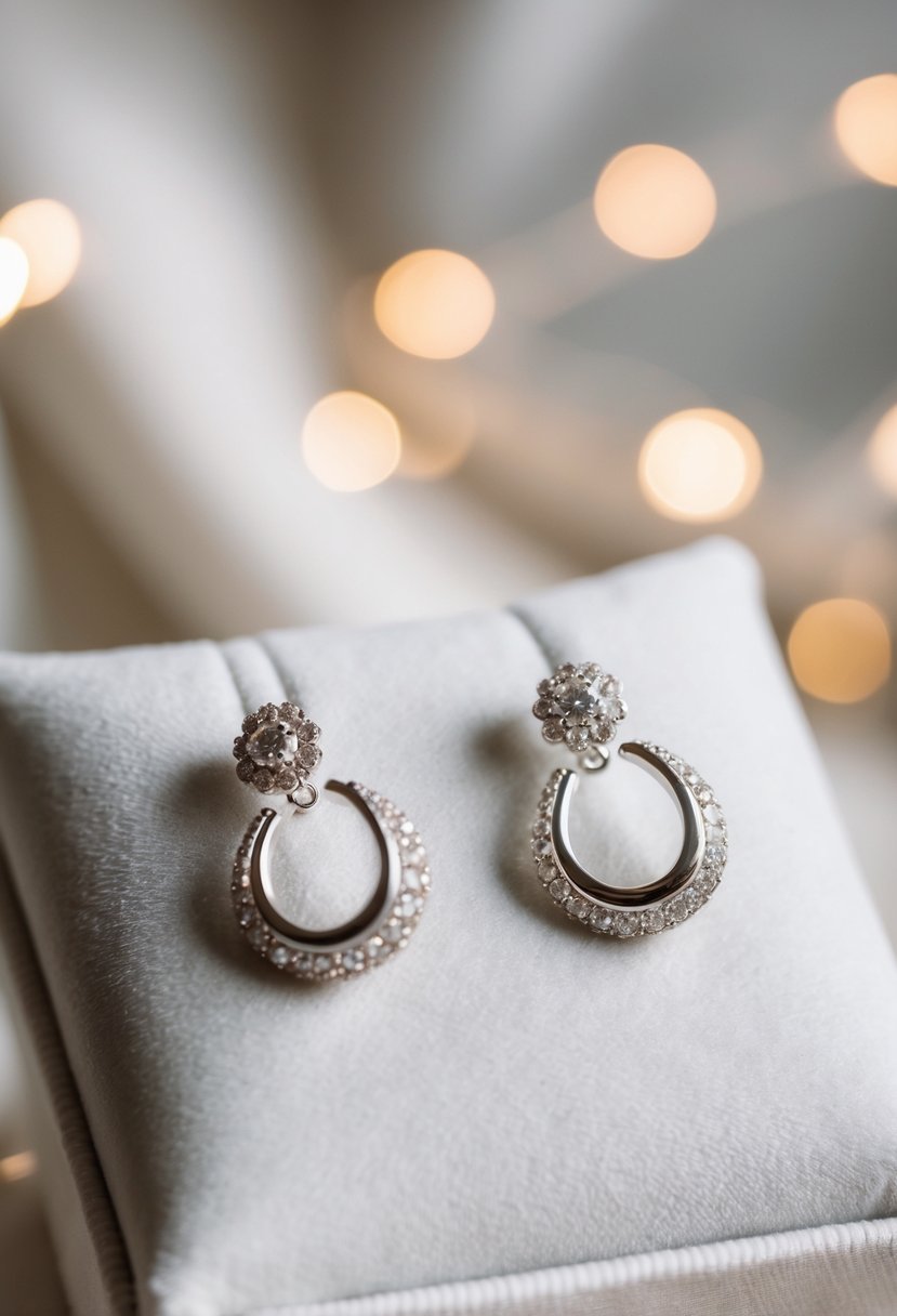 Two delicate silver wedding earrings displayed on a white velvet cushion with soft lighting