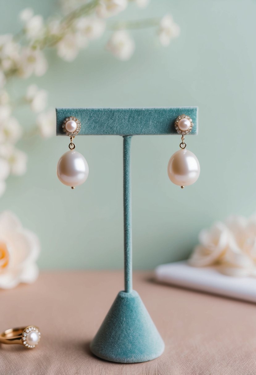 A pair of modern pearl bridal earrings displayed on a velvet jewelry stand against a soft pastel background, evoking a 70s wedding aesthetic