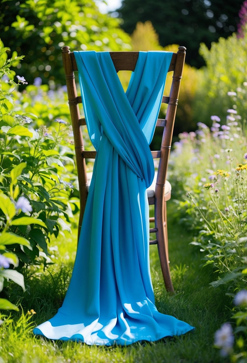 A flowing blue silk wrap dress drapes over a vintage wooden chair in a sunlit garden, surrounded by lush greenery and delicate wildflowers