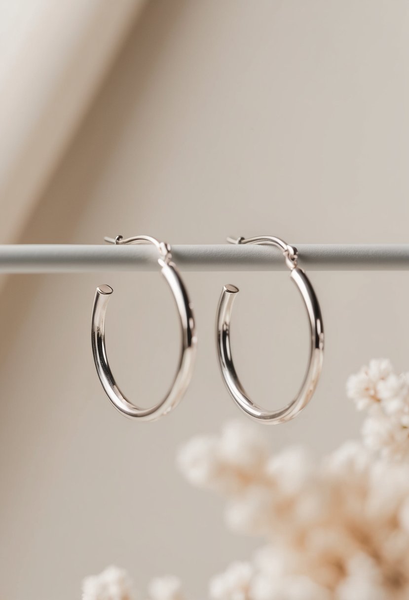 A close-up of delicate silver hoop earrings against a soft, neutral background, with subtle lighting to highlight their minimalist elegance