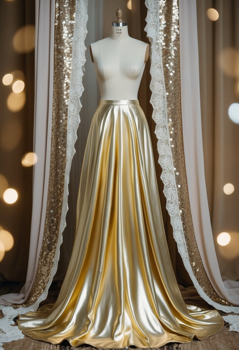 A flowing metallic gold wedding skirt draped over a mannequin, surrounded by shimmering fabric and elegant lace details