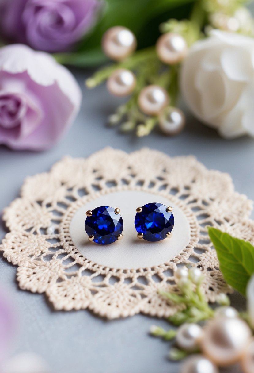 A pair of sapphire stud earrings displayed on a vintage lace doily, surrounded by delicate floral and pearl accents