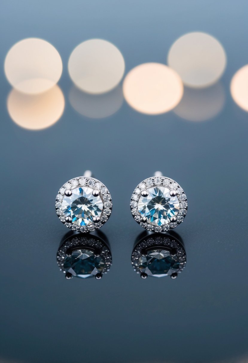 Two elegant silver studs with sparkling cubic zirconia, arranged on a smooth, reflective surface