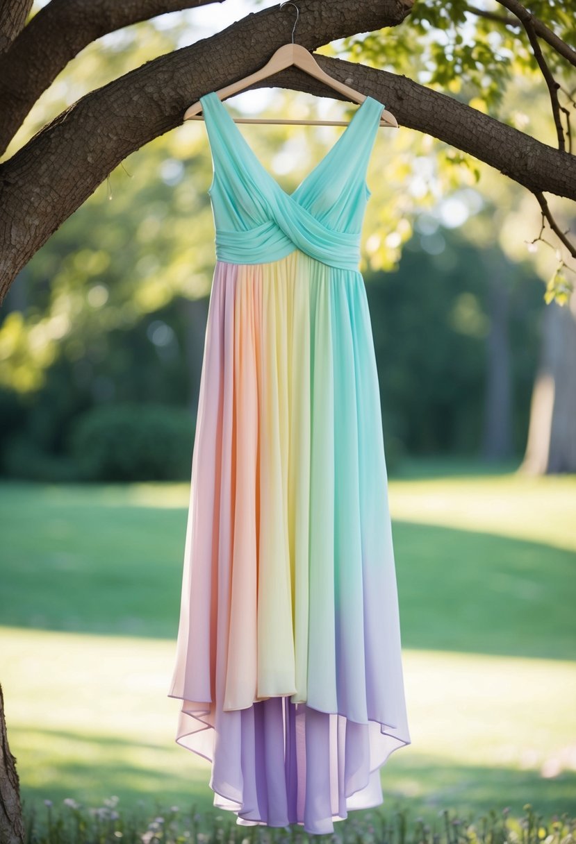 A flowing pastel ombre dress hangs from a tree branch in a whimsical outdoor setting