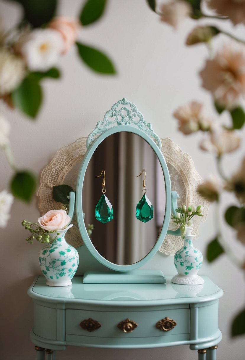 A vintage vanity table with a mirror reflects a pair of emerald drop earrings, surrounded by delicate lace and floral accents