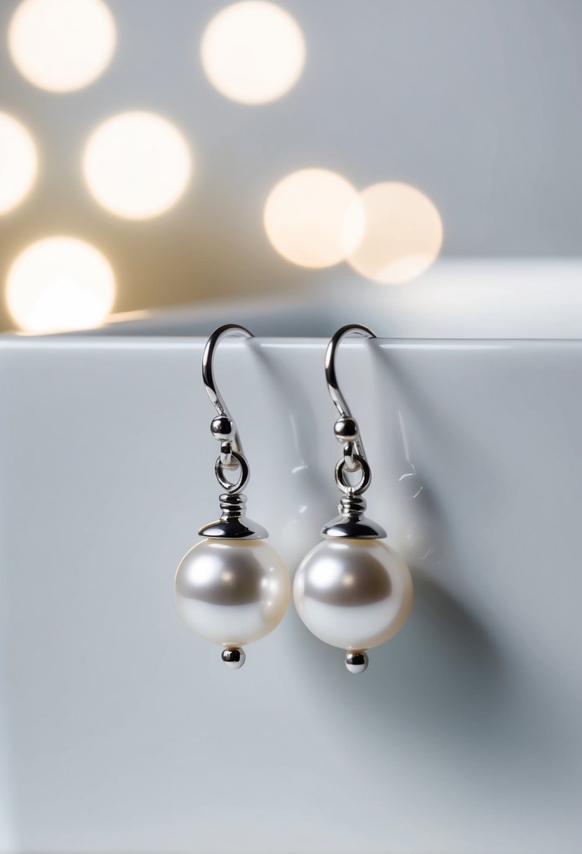 A pair of simple pearl and silver drop earrings displayed on a clean, white surface, with soft lighting highlighting their elegant design