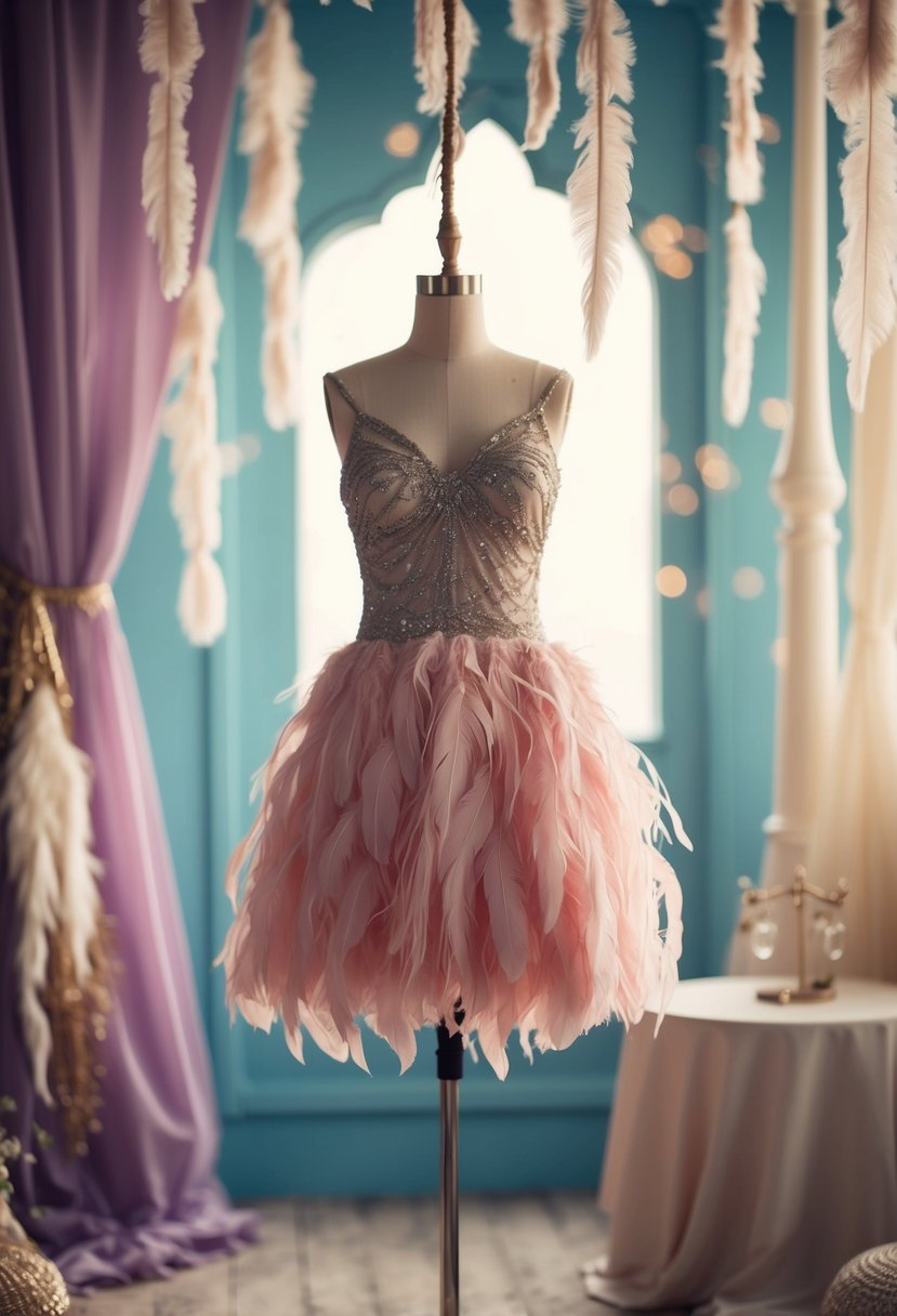 A short feathered party dress hanging on a mannequin in a whimsical, bohemian-inspired setting with soft lighting and dreamy ambiance