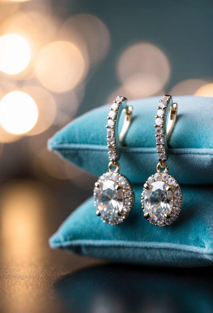 A pair of white gold and diamond dangler earrings from the 70s, resting on a velvet cushion with soft lighting