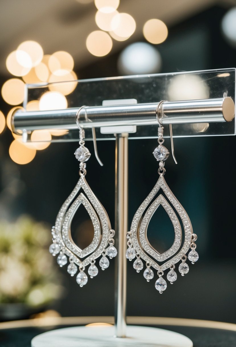 A pair of elegant silver chandelier earrings hangs from a display, catching the light and casting delicate shadows