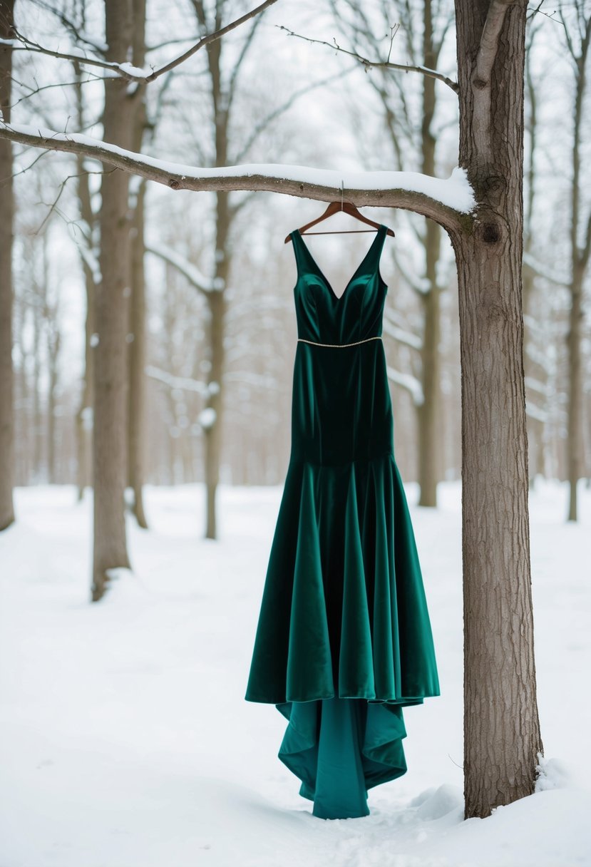 A snow-covered forest clearing with a solitary green velvet gown hanging from a tree branch