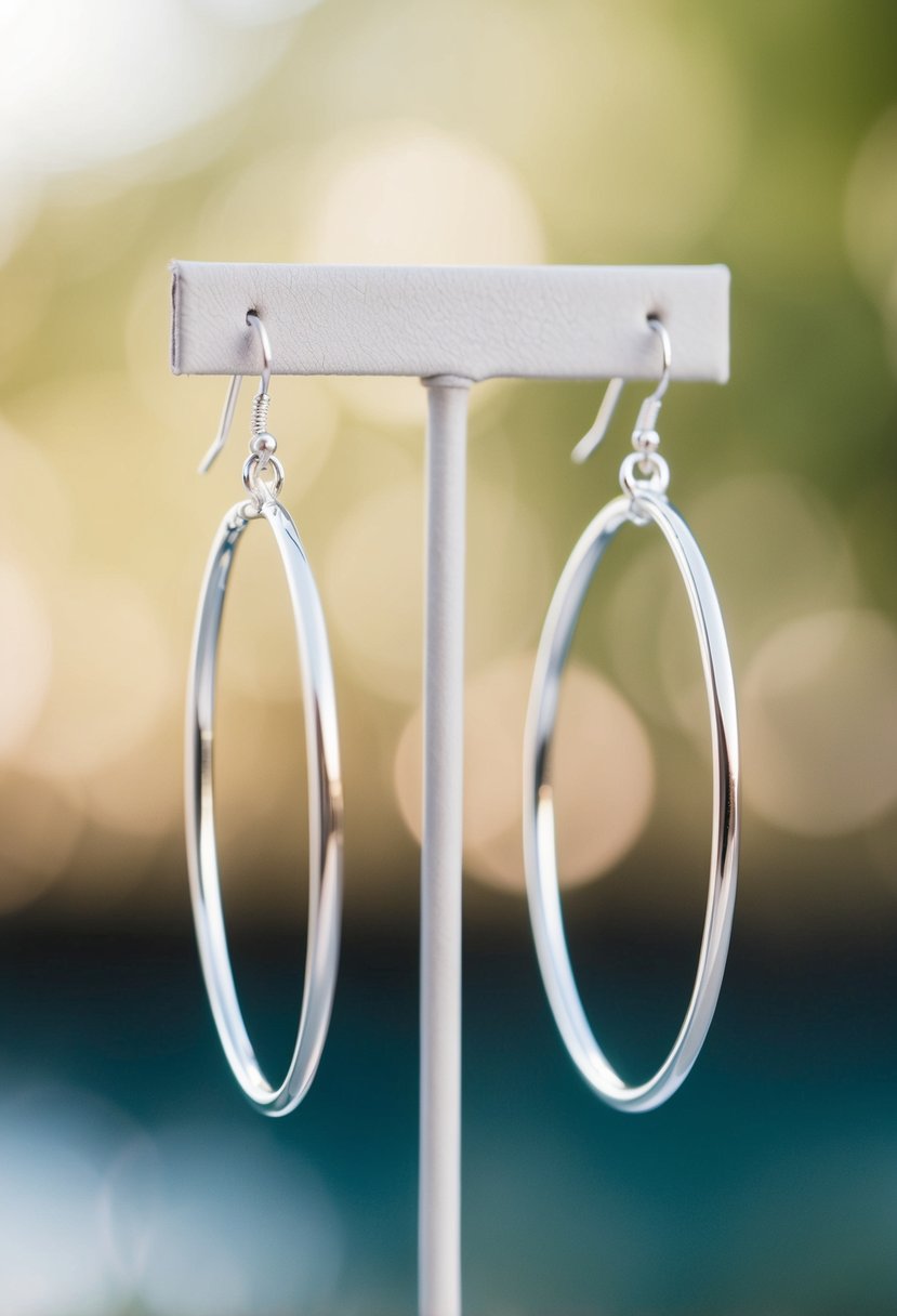 A pair of timeless silver huggy hoops dangle from a delicate earring stand, catching the light with their simple elegance