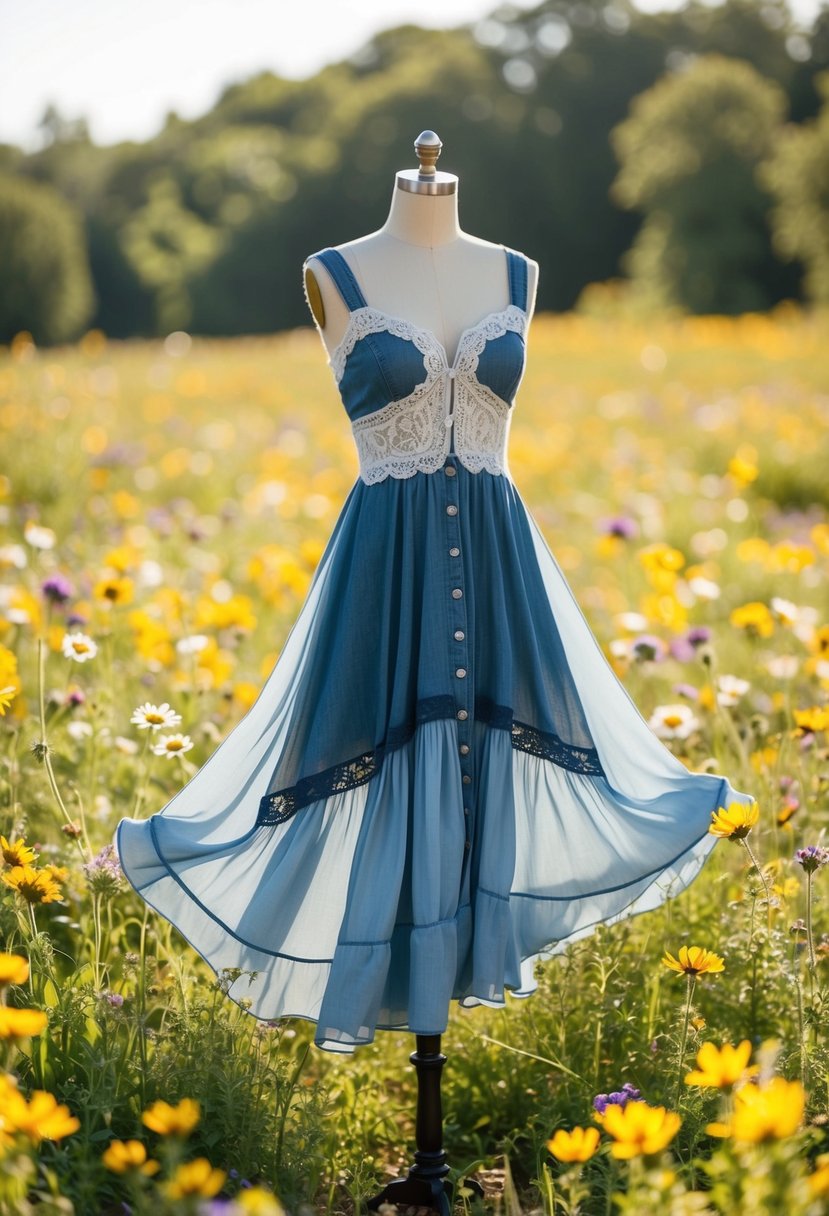 A flowing chiffon dress with denim and lace details, surrounded by wildflowers in a sunlit meadow