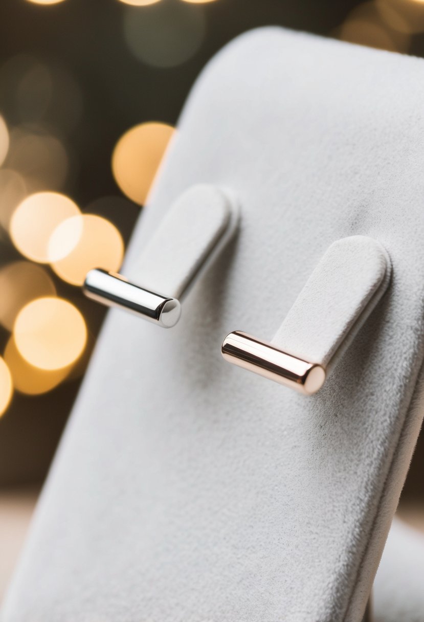 Two simple silver bar earrings on a white velvet display