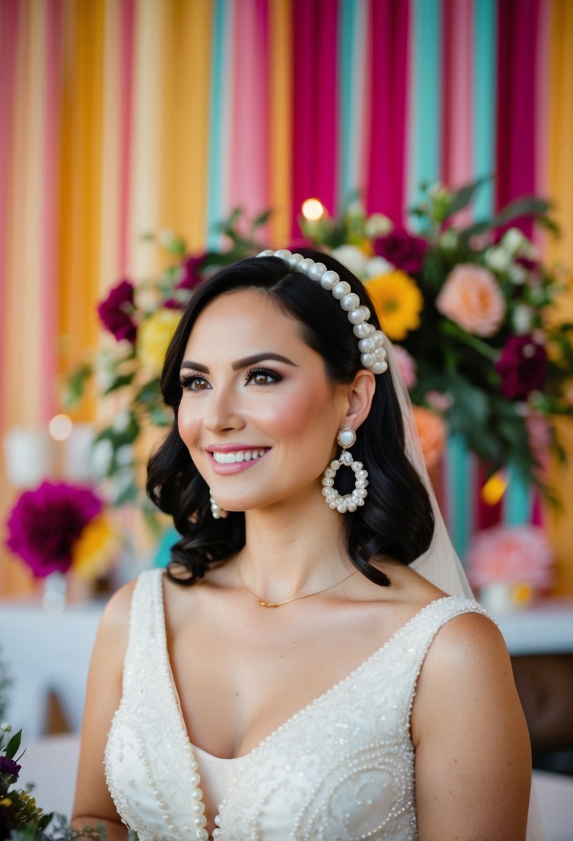 A bride wearing huggie earrings with pearl accents, standing in a 70s-inspired wedding setting with retro decor and floral arrangements