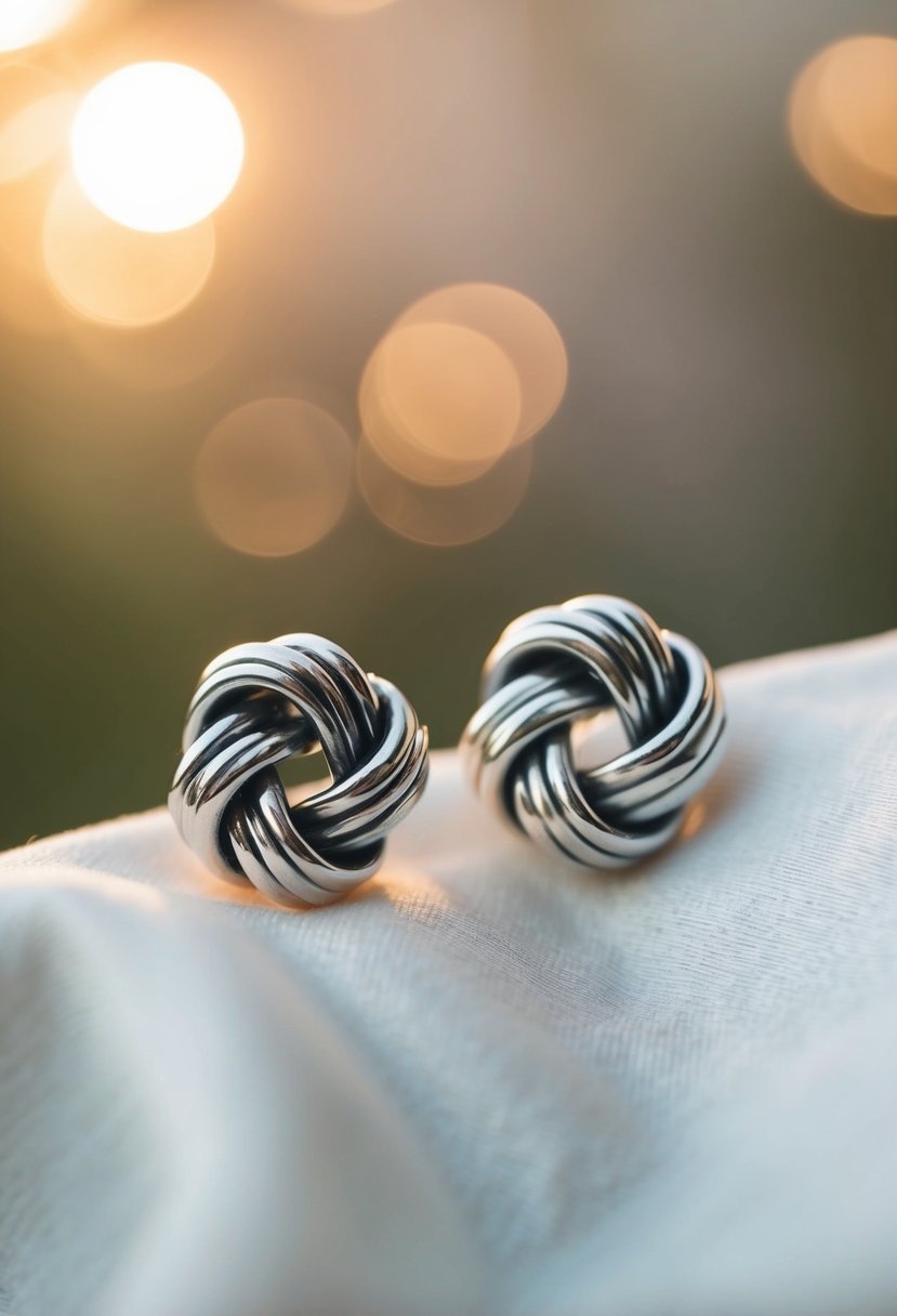 Two delicate silver knot studs resting on a soft, white silk fabric, with a warm natural light casting a gentle glow on them