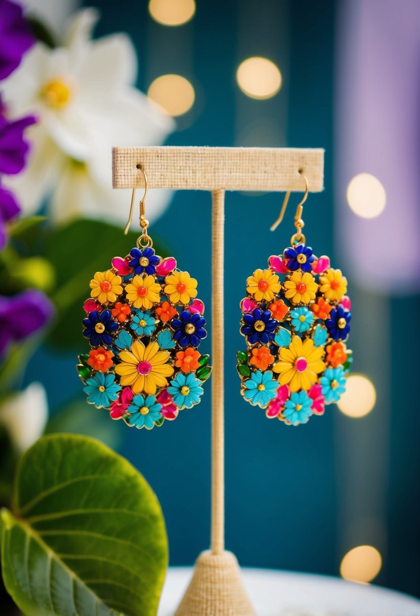 A pair of vibrant floral motif earrings, reminiscent of 70s wedding fashion, dangle delicately from a display stand