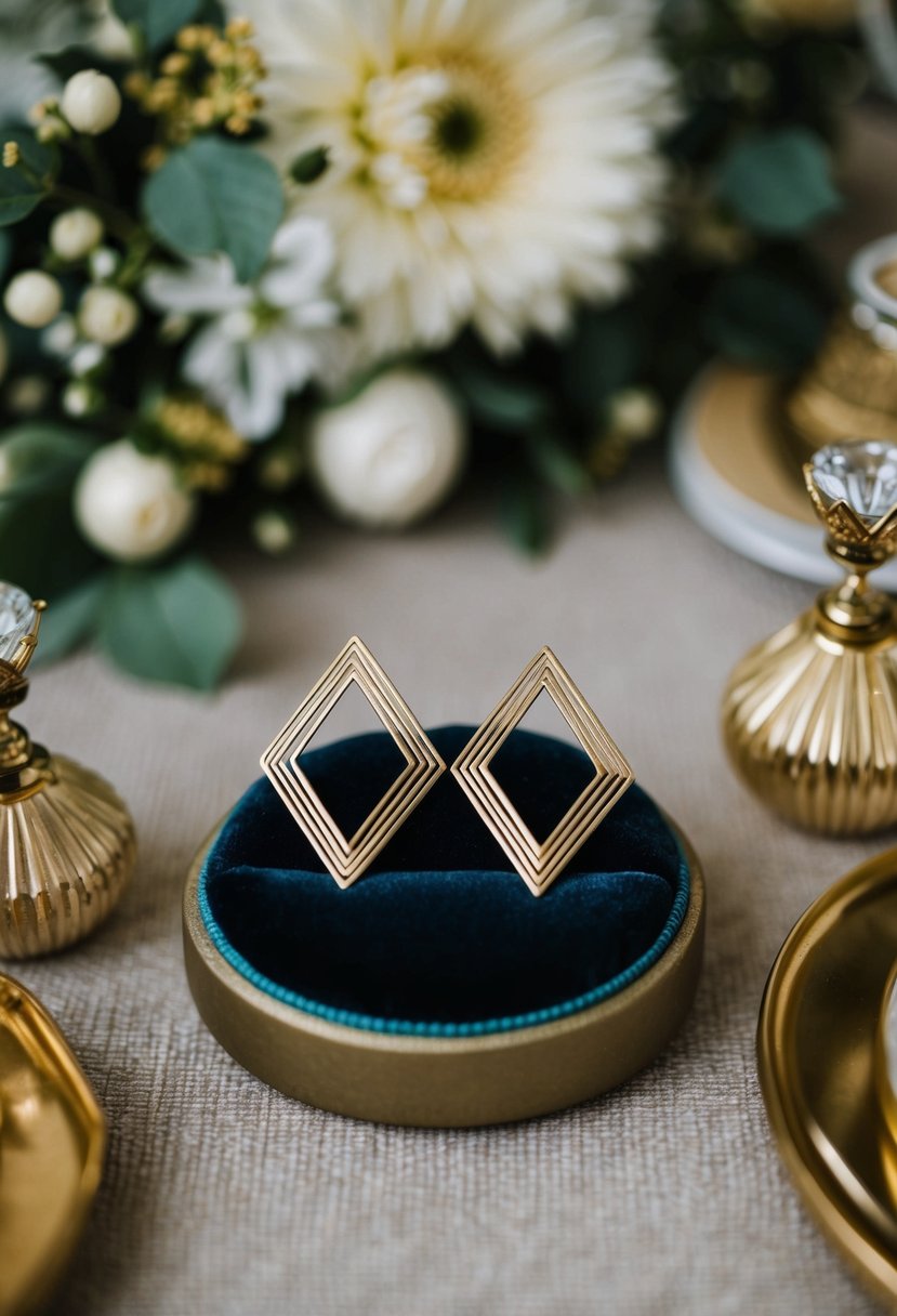 A pair of geometric gold earrings sits on a velvet cushion, surrounded by vintage wedding decor from the 70s