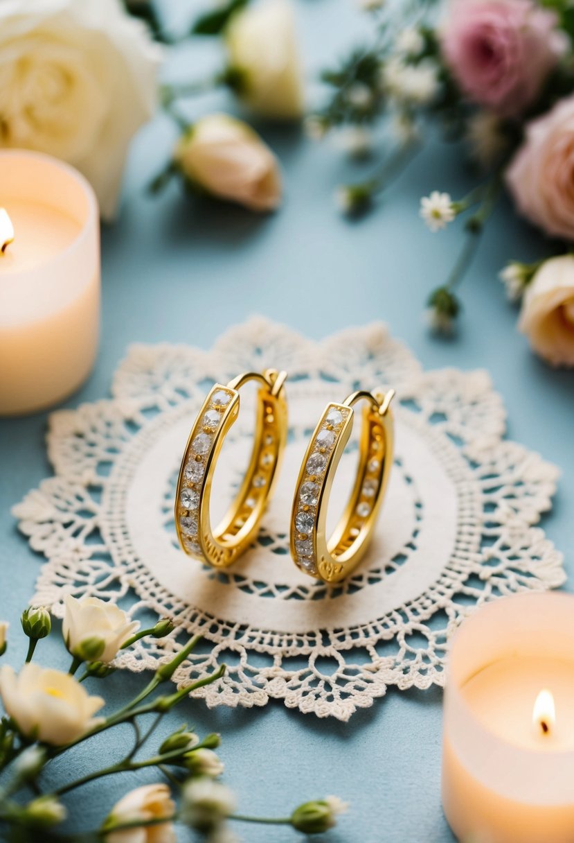 A pair of yellow gold and zirconia hoops displayed on a vintage lace doily, surrounded by delicate floral arrangements and soft candlelight