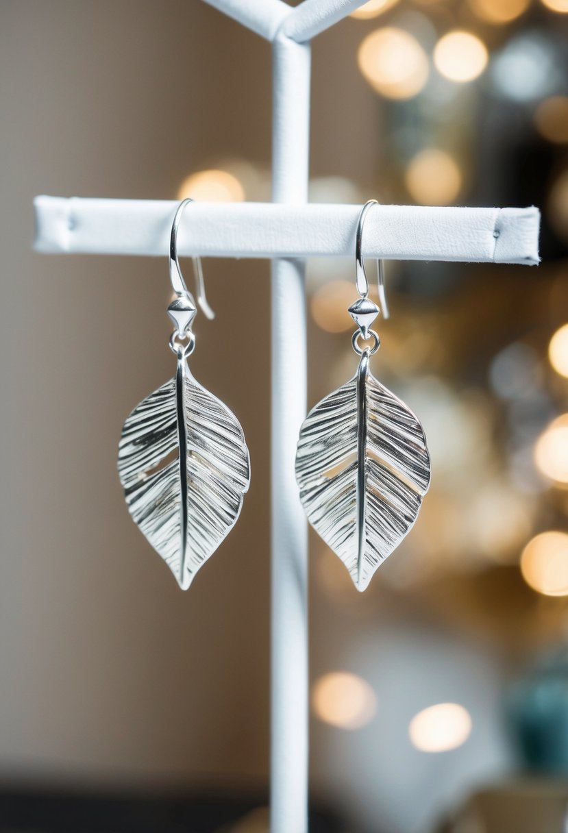 Two silver leaf dangle earrings hanging from a jewelry display, with soft lighting accentuating their delicate design