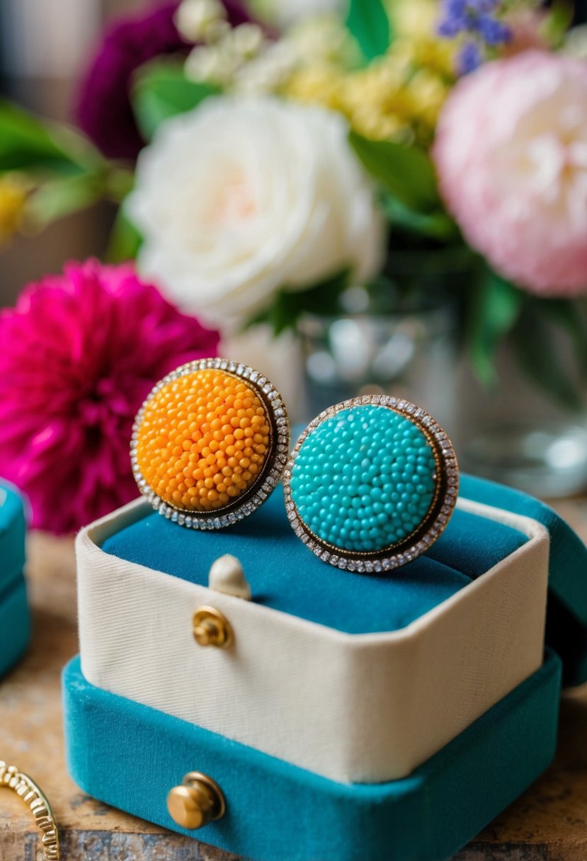 Two large, colorful stud earrings on a vintage velvet jewelry box. A retro-inspired wedding theme with 70s vibes