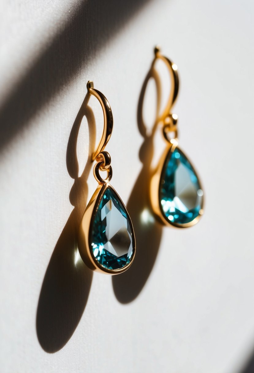 Two elegant teardrop earrings on a white surface, casting a delicate shadow