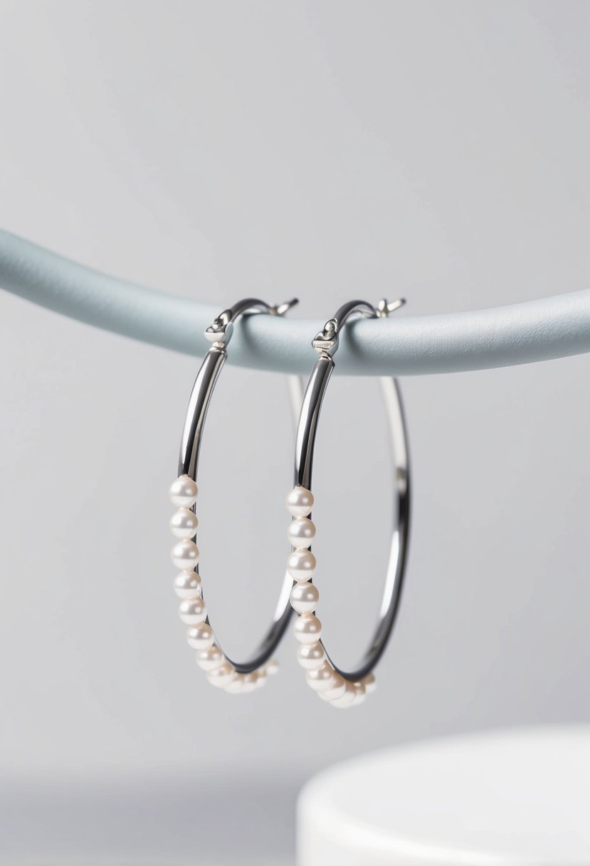 A close-up of thin silver hoop earrings adorned with delicate pearls, set against a clean, minimalist background