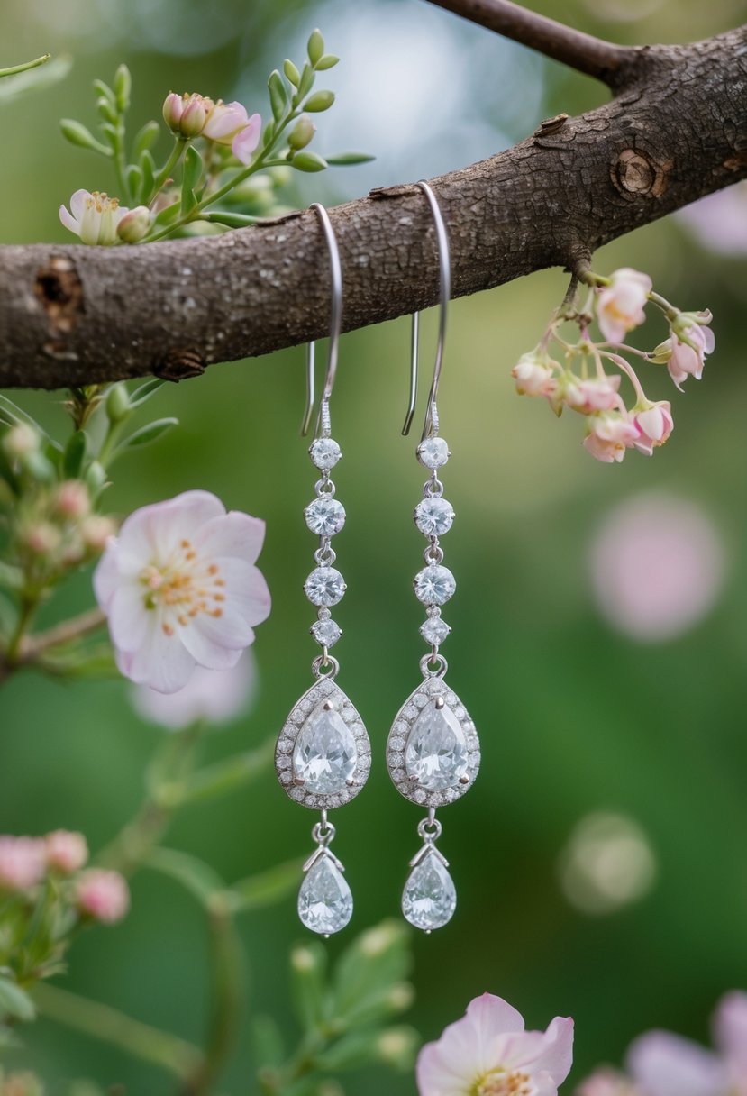 A pair of elegant wedding earrings dangle from a rustic tree branch, surrounded by delicate flowers and foliage