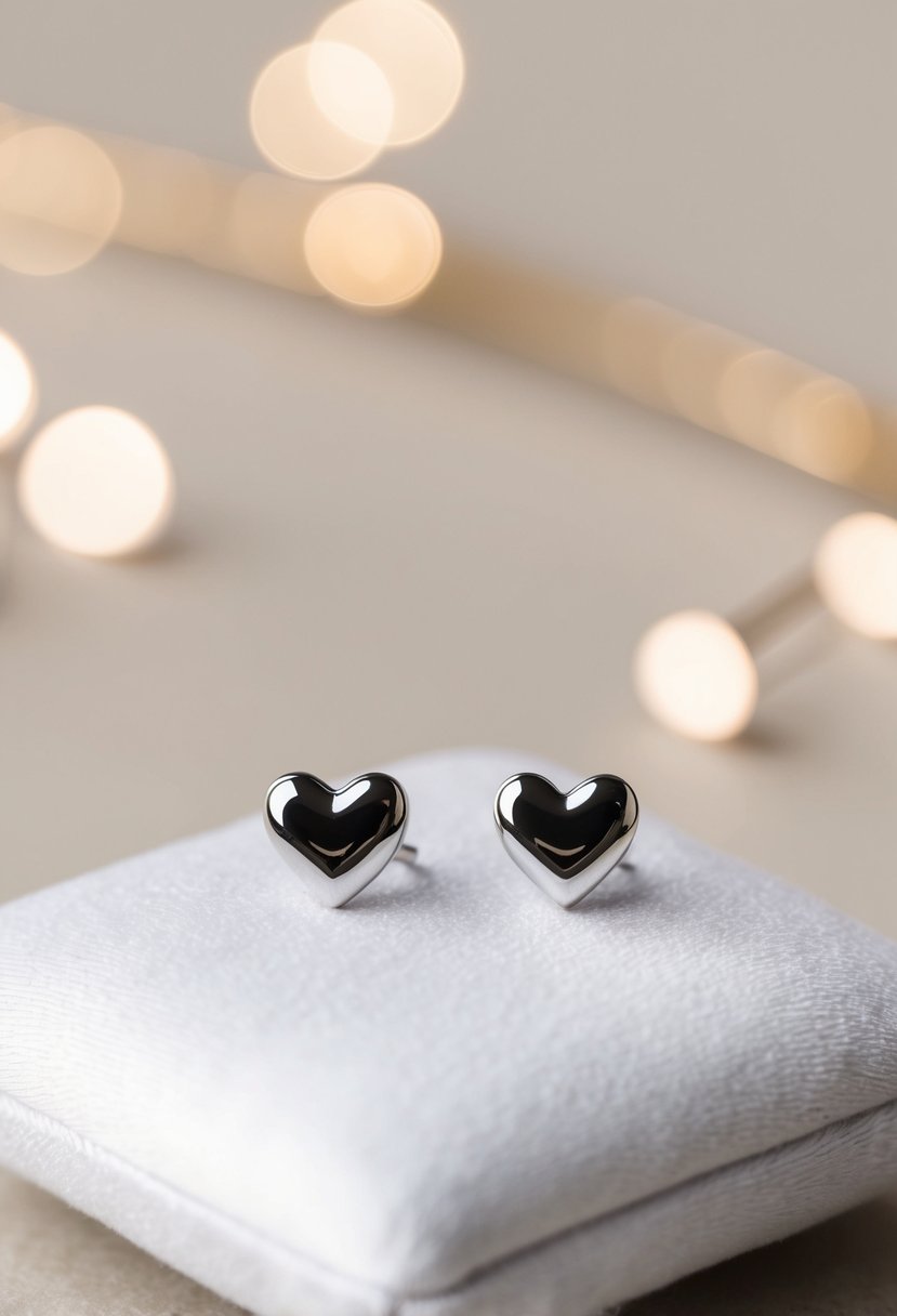 Two silver heart stud earrings on a white velvet cushion against a soft, neutral background