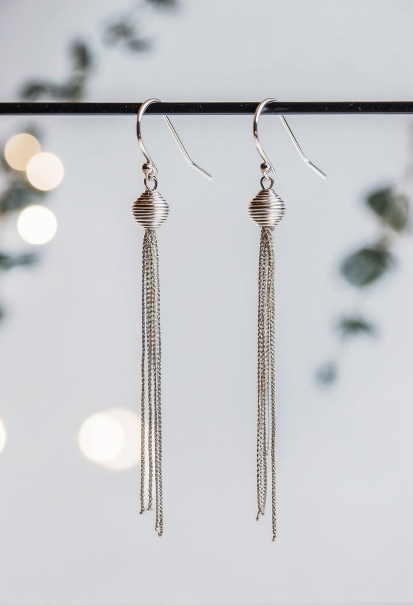 Two delicate silver threader earrings hanging from a minimalist display, with a soft white background