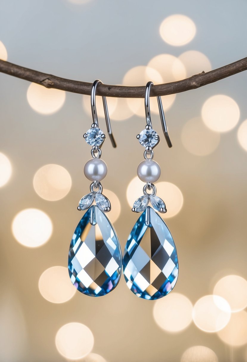 A pair of crystal drop earrings with delicate pearl accents, hanging elegantly against a soft, romantic background