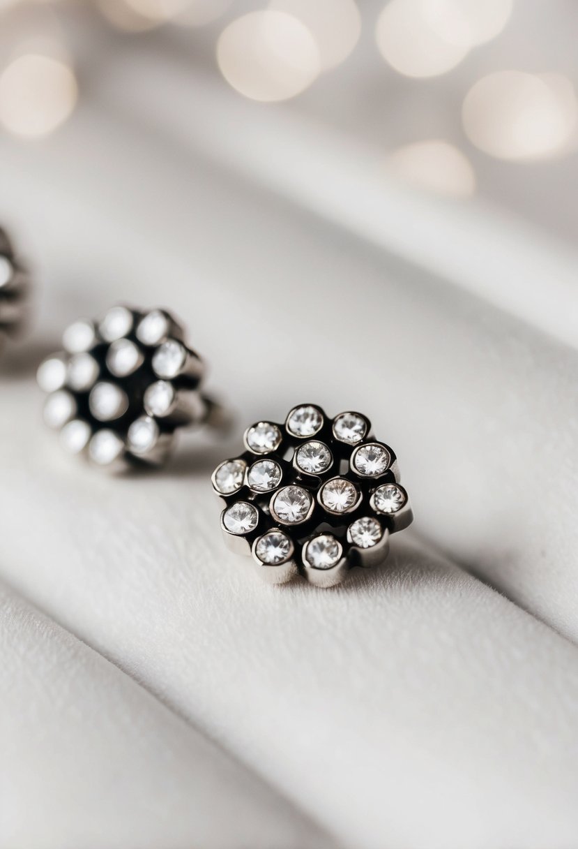 A close-up of chic silver cluster studs on a white velvet background