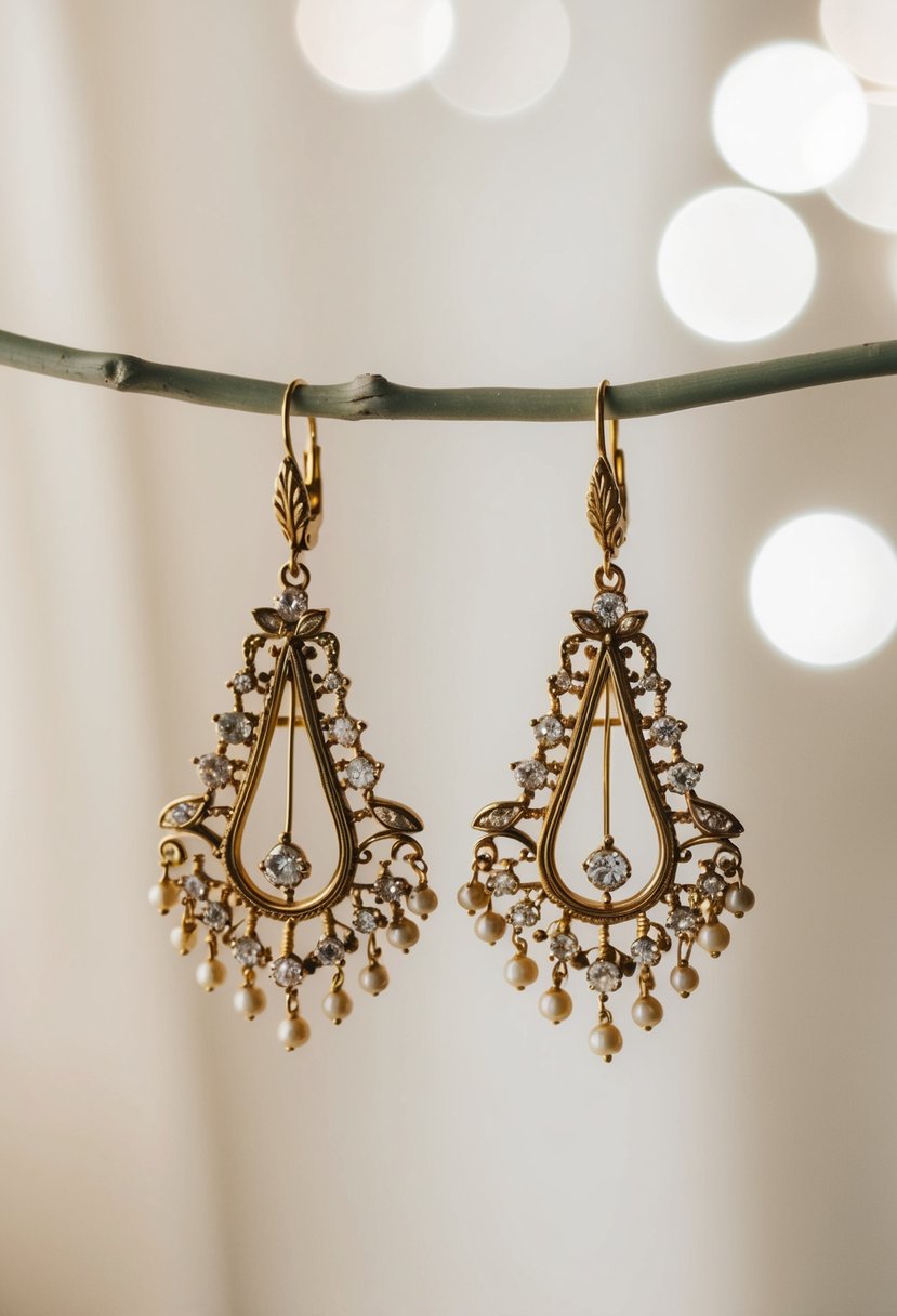 A pair of vintage gold chandelier earrings dangle elegantly against a soft, neutral background, catching the light and exuding a sense of timeless glamour