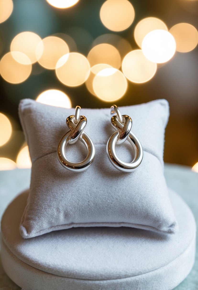 A pair of silver infinity knot earrings displayed on a white velvet cushion