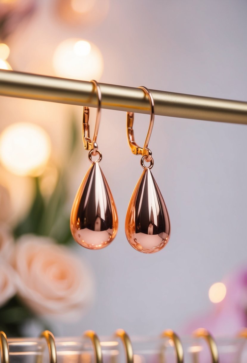 Rose Gold Teardrop Dangle Earrings hanging from a display, with soft lighting and a romantic backdrop