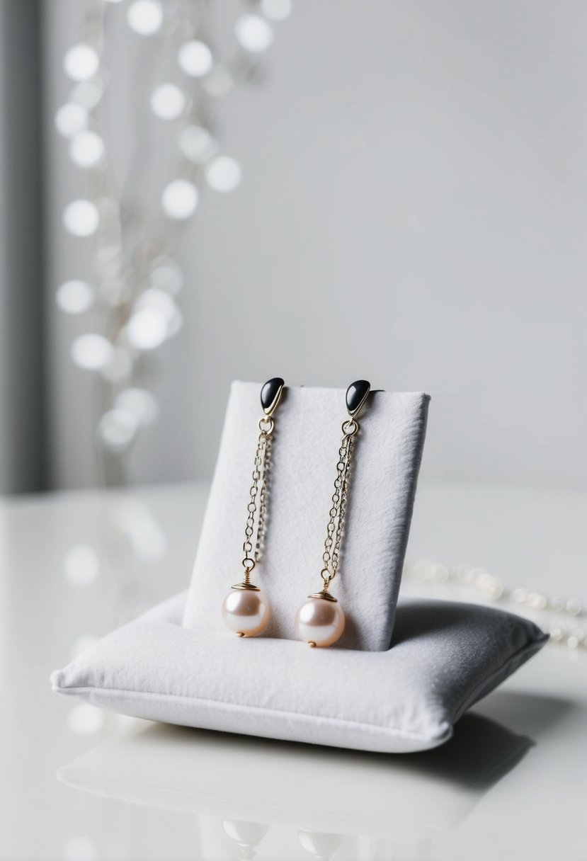 A pair of delicate pearl and silver chain drop earrings displayed on a white velvet cushion against a clean, minimalist backdrop