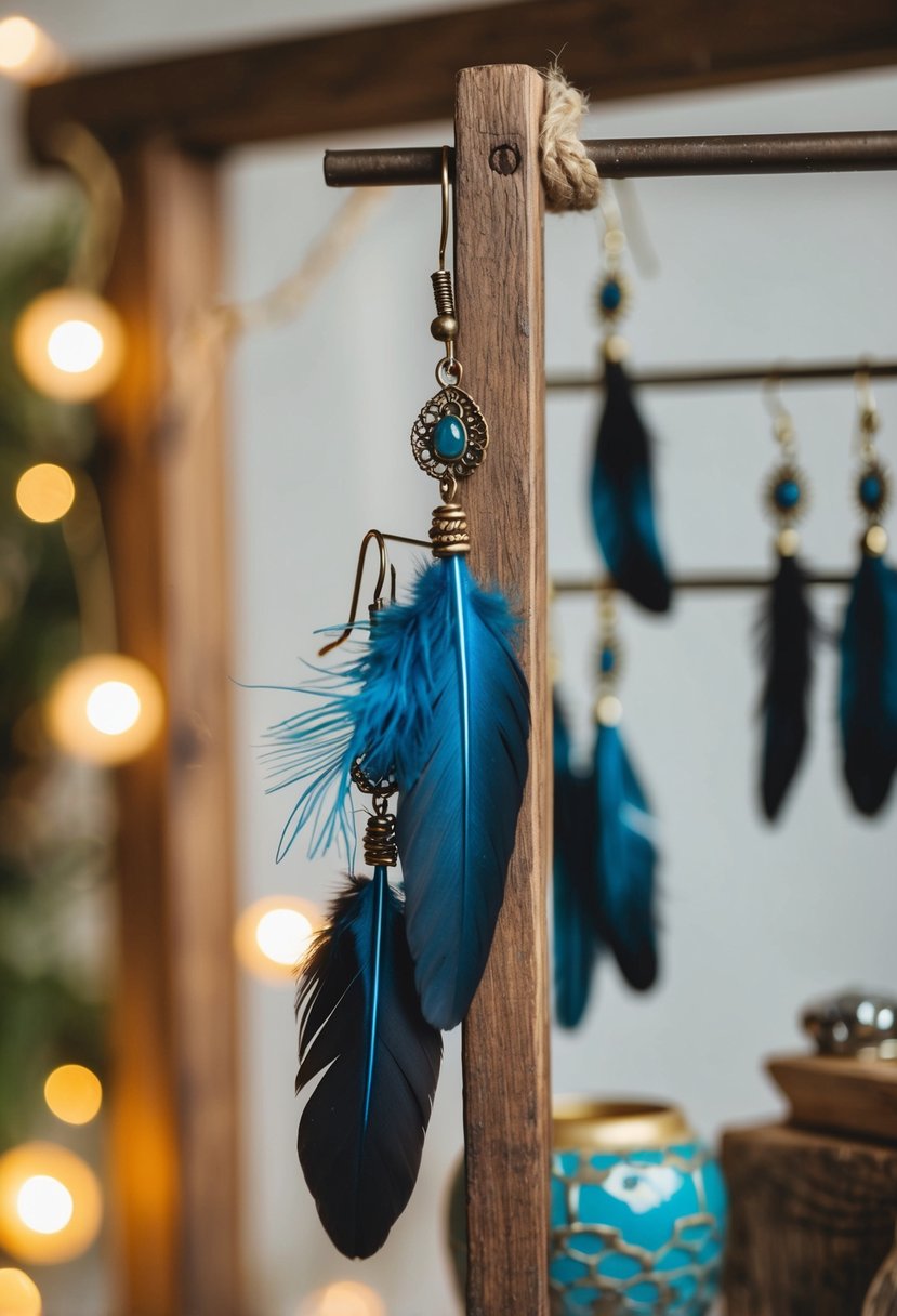 Feather dangle earrings hanging from a rustic wooden display with bohemian decor and soft lighting