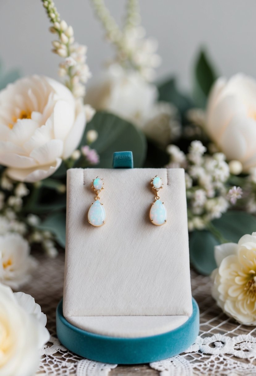 Opal wedding earrings displayed on a velvet jewelry stand, surrounded by delicate lace and floral decorations