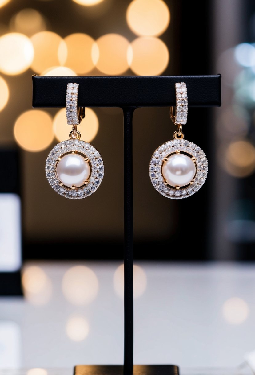 A pair of elegant pearl and CZ halo earrings dangle from a display, catching the light and sparkling with sophistication