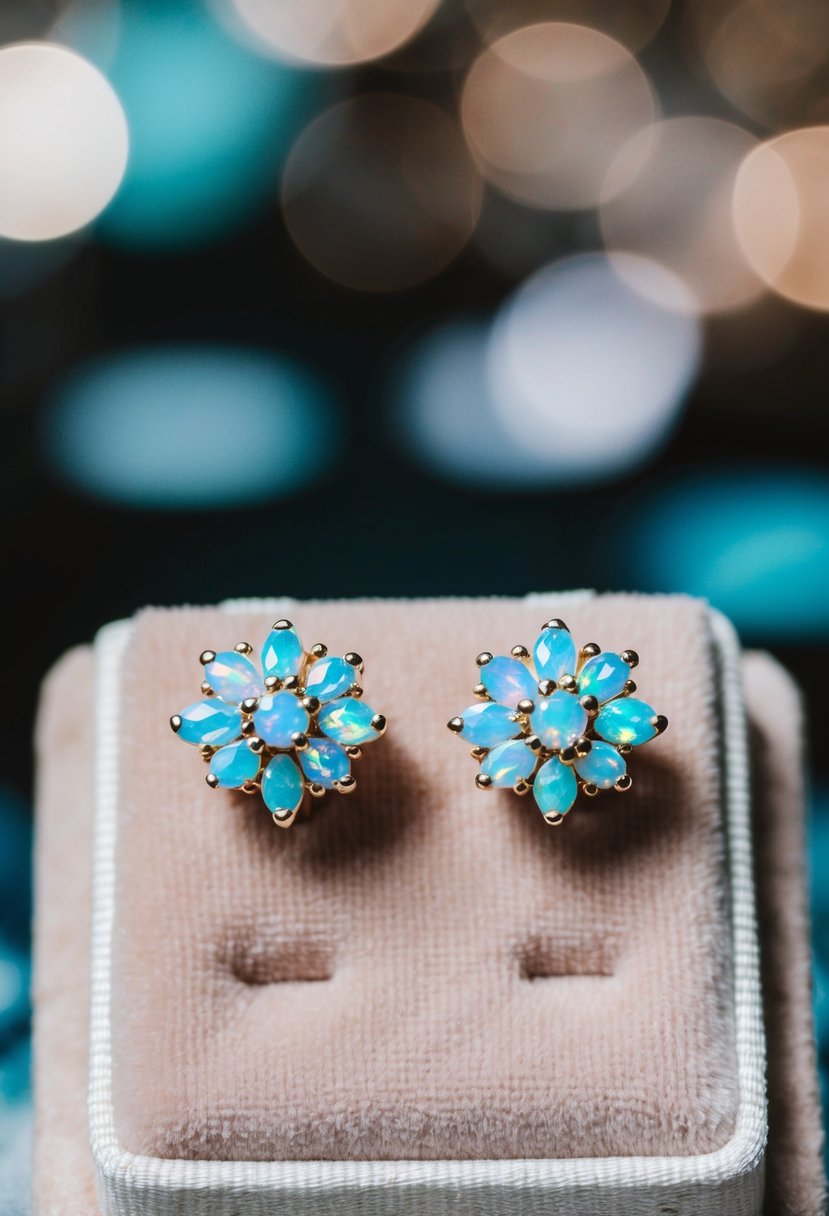 A pair of opal crystal cluster stud earrings on a velvet jewelry display