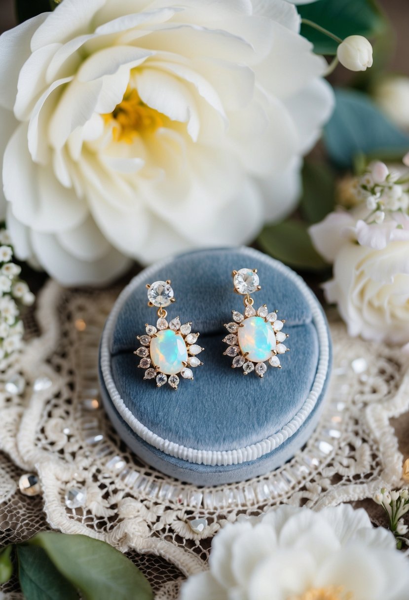 A pair of opal rhinestone bridal earrings displayed on a velvet cushion, surrounded by delicate lace and floral arrangements