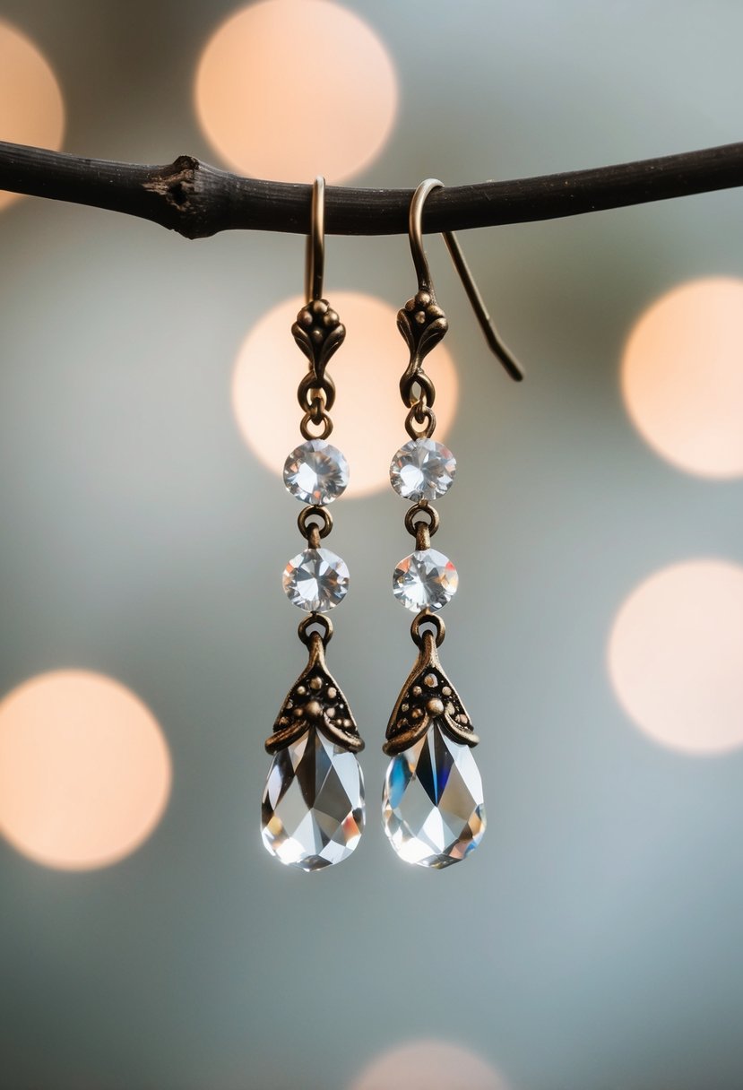 Delicate crystal drops sparkle on antique-inspired wedding earrings