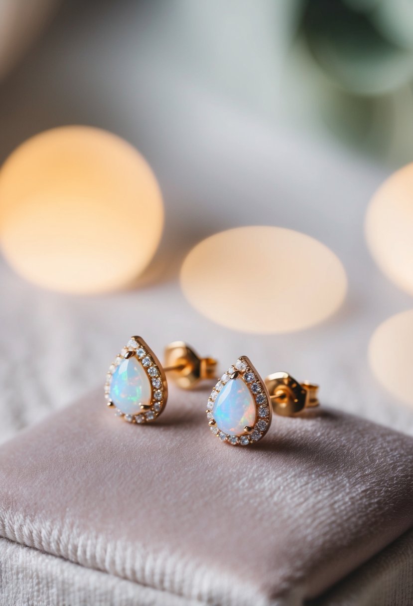 A delicate pair of opal wedding earrings shimmering under soft lighting, resting on a velvet cushion