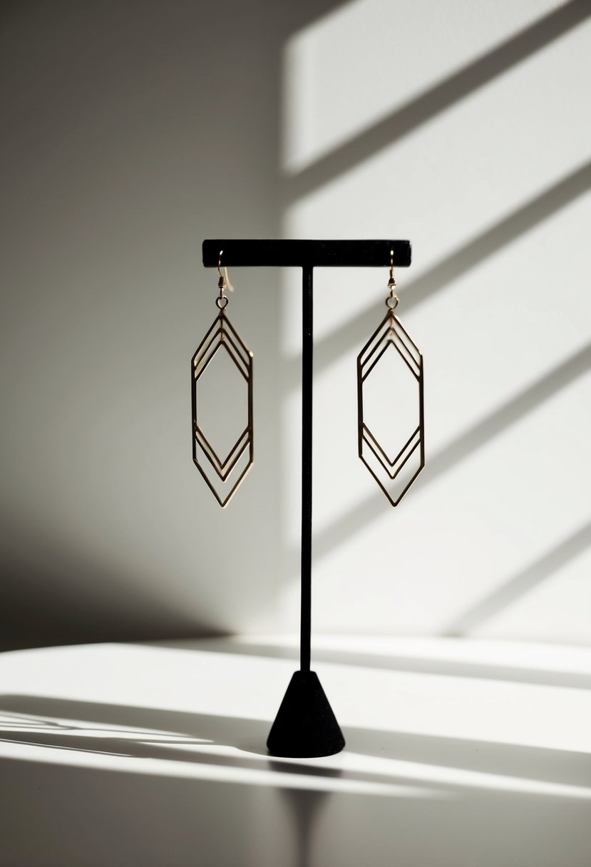 A pair of modern geometric dangle earrings suspended from a display stand, casting shadows against a clean, minimalist backdrop